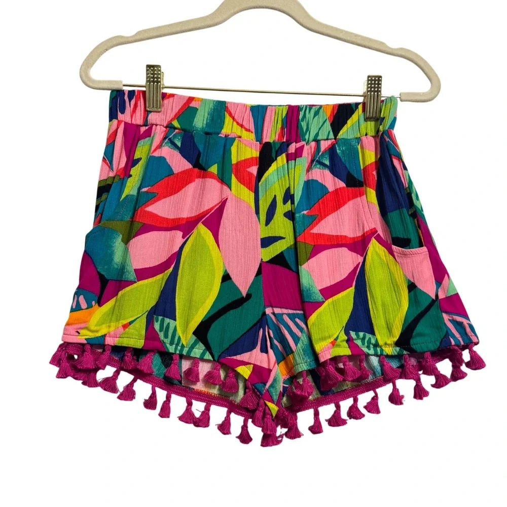 Trina Turk Rainforest Fringe Cover Up Shorts XS Pink Green Tropical‎